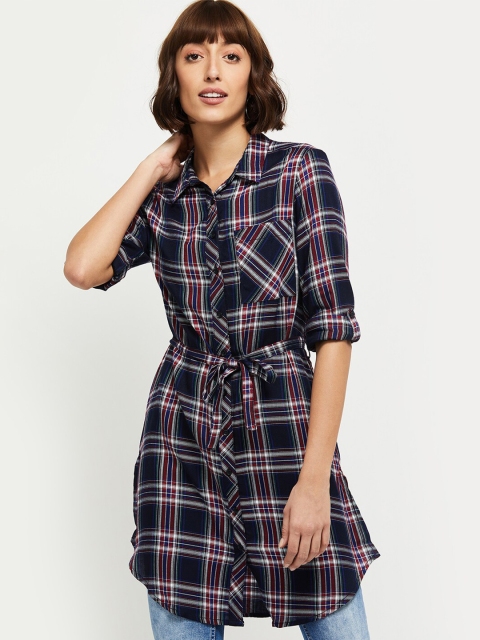 

max Women Navy Blue & Red Viscose Rayon Shirt Collar Checked Tunic