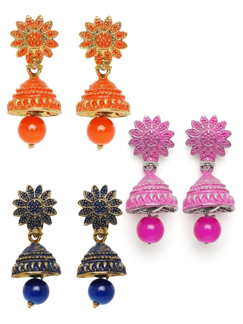 

Mahi Women Pack of 3 Gold-Plated Multicolour Floral Jhumkas Earrings, Orange