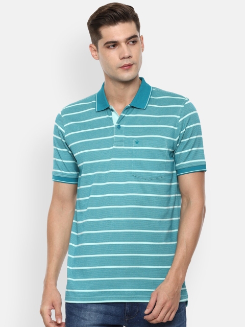 

Louis Philippe Men Blue Striped Polo Collar Cotton Pure Cotton T-shirt