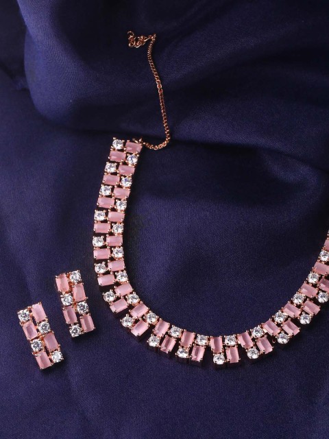 

Tistabene Rose Gold-Plated Pink & White Stone-Studded Jewellery Set