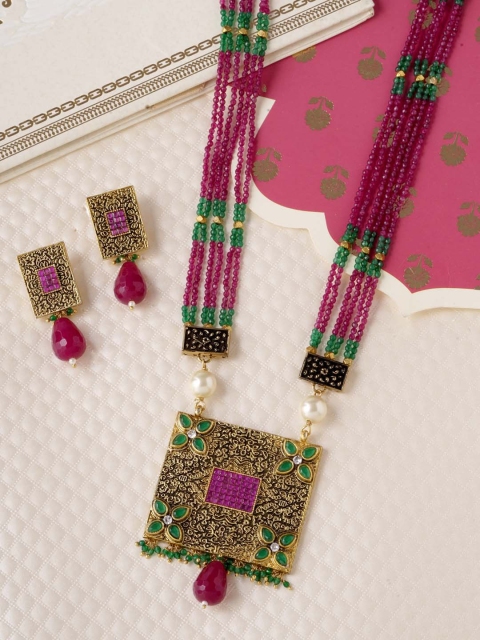 

Tistabene Gold-Plated Green & Pink Stone-Studded & Beaded Antique Jewellery Set