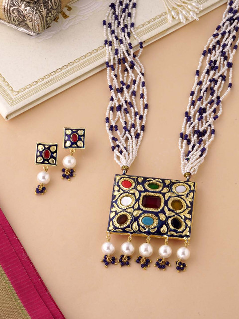 

Tistabene Gold-Plated Blue & Red Beaded Enamelled Traditional Jewellery Set