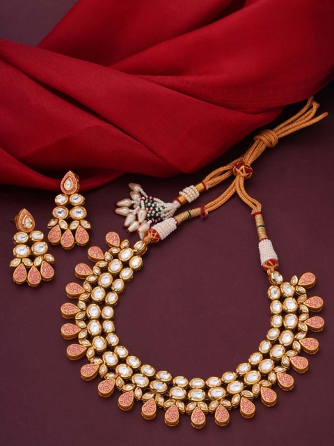 

Tistabene Gold-Plated White & Pink Stone-Studded Enamelled Traditional Jewellery Set