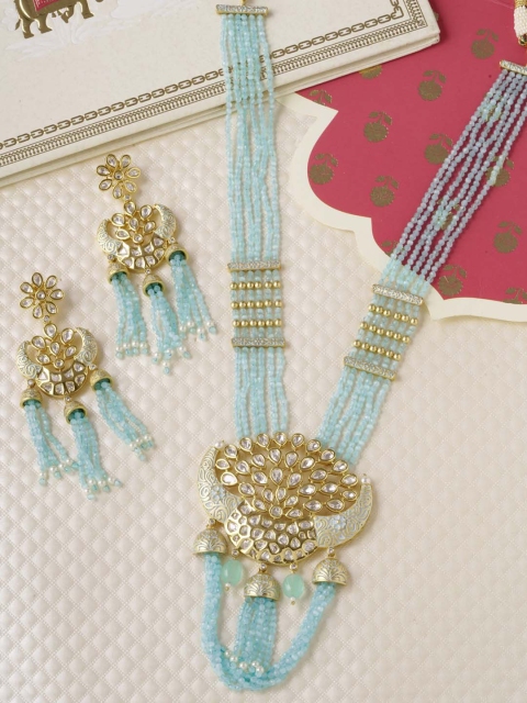 

Tistabene Gold-Plated Turquoise Blue & White Kundan-Studded & Beaded Jewellery Set