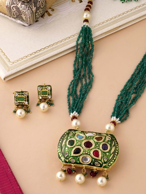 

Tistabene Gold-Plated Green & White Stone-Studded & Beaded Enamelled Jewellery Set