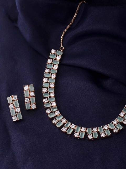 

Tistabene Rose Gold-Plated Green & White Stone-Studded Contemporary Modern Designer Jewellery Set