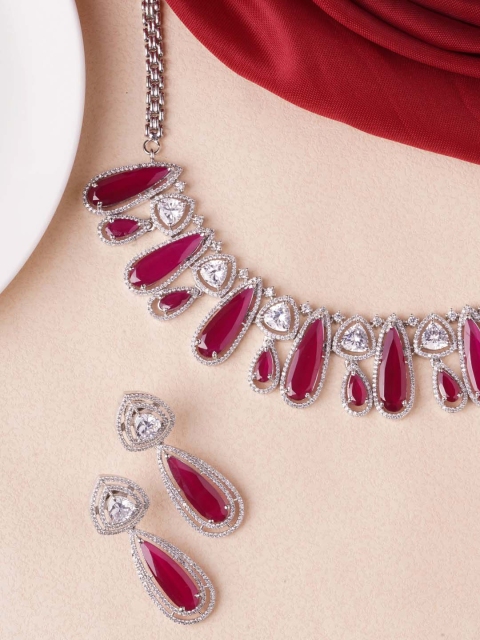 

Tistabene Rhodium-Plated Silver-Toned & Magenta Pink Stone-Studded Jewellery Set
