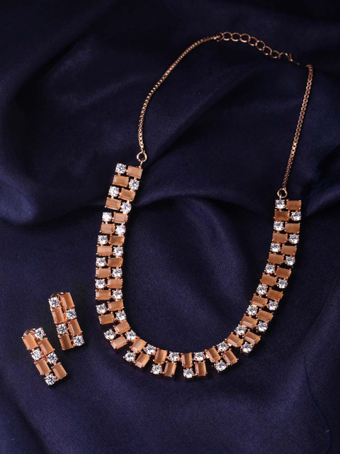 

Tistabene Rose Gold-Plated Brown & White Stone-Studded Contemporary Jewellery Set