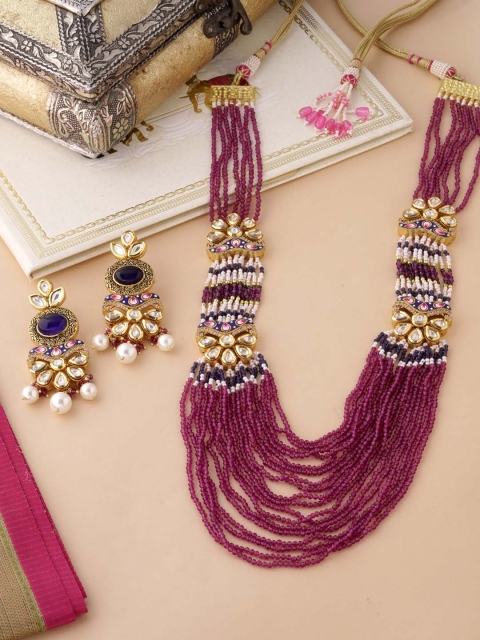 

Tistabene Gold-Plated Pink & Blue Stone-Studded & Beaded Enamelled Jewellery Set