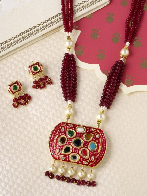

Tistabene Gold-Plated Red & Beige Stone-Studded & Beaded Enameled Jewellery Set