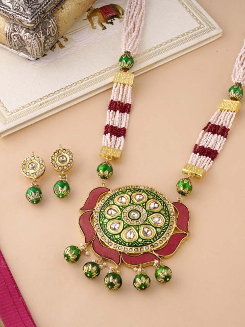

Tistabene Gold-Plated White & Green Stone-Studded & Beaded Enameled Jewellery Set