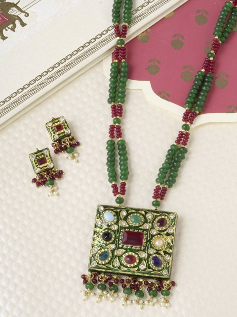 

Tistabene Gold-Plated Green & Red Stone-Studded & Beaded Enameled Jewellery Set