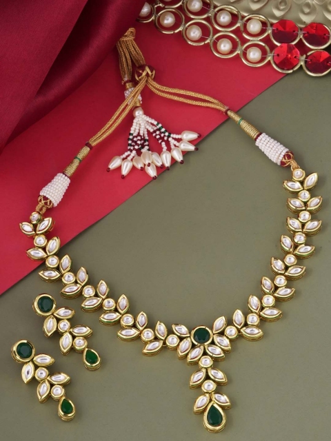 

Tistabene Gold-Plated Green & White Kundan-Stone Studded Jewellery Set