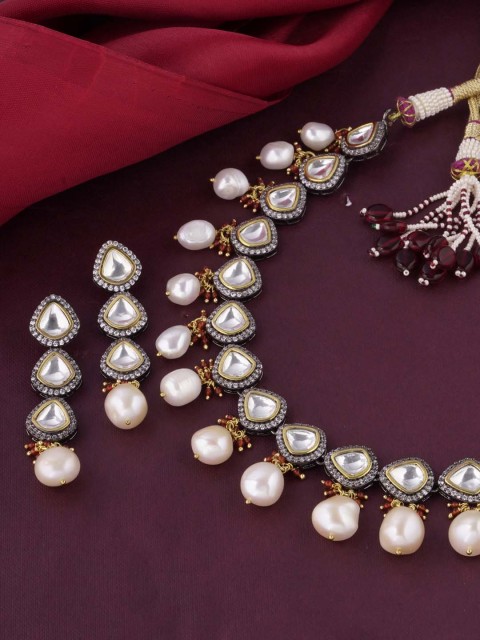 

Tistabene Rhodium-Plated White & Red Stone-Studded & Beaded Traditional Designer Jewellery Set