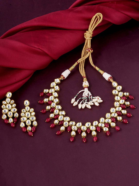

Tistabene Gold-Plated Red & White Kundan-Studded & Beaded Traditional Meena Jewellery Set