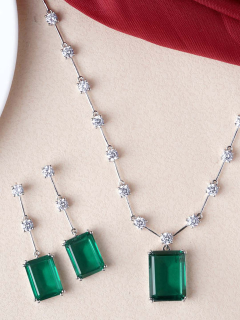 

Tistabene Rhodium-Plated White & Green Stone-Studded Contemporary Designer Jewellery Set
