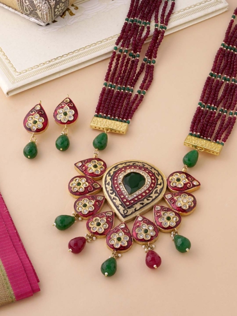 

Tistabene Gold-Plated Maroon & Green Stone-Studded & Beaded Enameled Jewellery Set