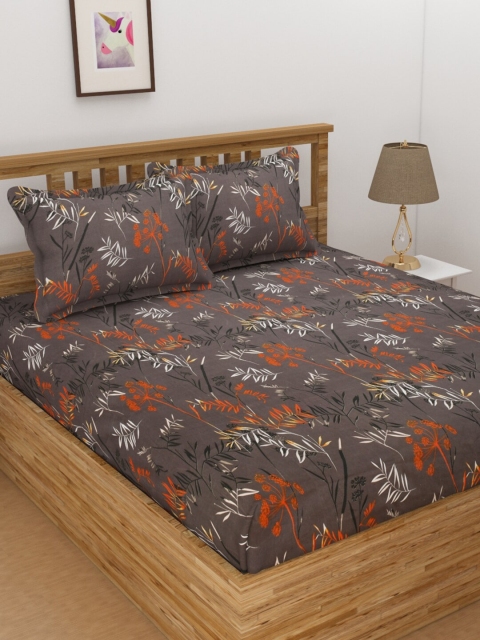 

Florida Grey & Orange Floral 144 TC King Bedsheet with 2 Pillow Covers