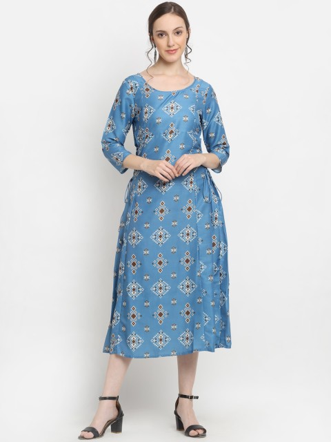 

DIVA WALK Women Blue & Brown Geometric Printed Tie-Ups Kurta