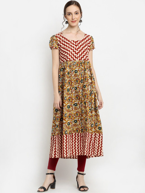 

DIVA WALK Women Mustard Yellow & Maroon Floral Printed Anarkali Kurta