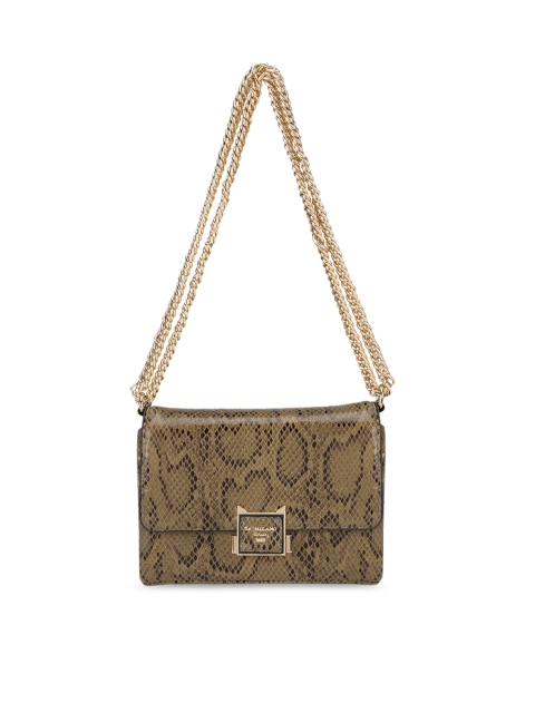 

Da Milano Green Animal Textured Leather Structured Sling Bag with Cut Work