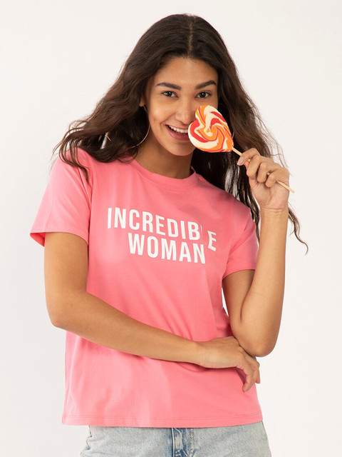 

Zink London Women Pink Typography Printed V-Neck T-shirt