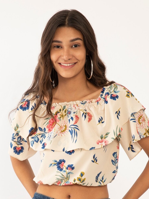 

Zink London Beige & Multicoloured Floral Off-Shoulder Crop Top