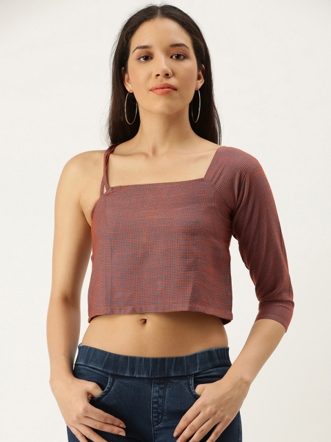

COUPER & COLL Brown & Blue Checked One Shoulder Regular Crop Top