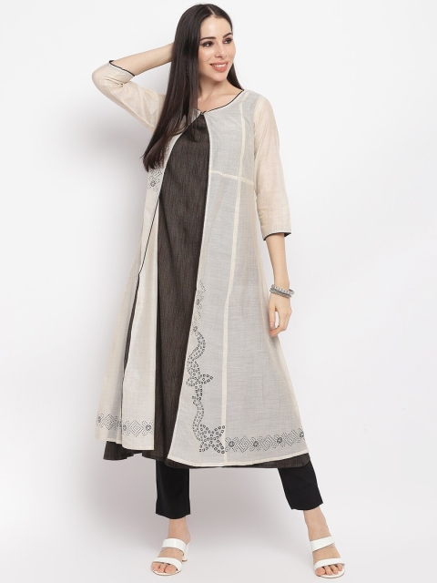 

IMARA Women Beige Printed & Embellished A-Line Kurta With Shrug