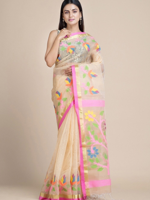 

Mitera Beige & Pink Floral Sequinned Pure Silk Jamdani Saree