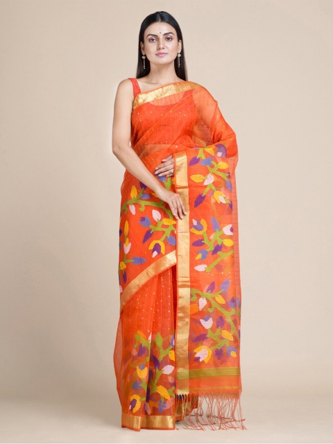 

Mitera Orange & Blue Floral Zari Pure Silk Jamdani Saree