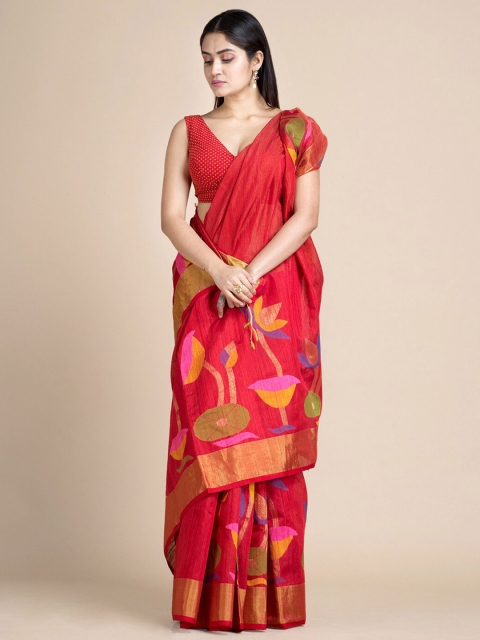 

Mitera Red & Yellow Floral Pure Silk Jamdani Saree