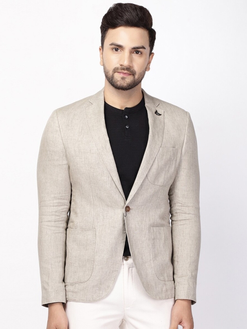 

Blackberrys Men Khaki-Coloured Self Design Skinny-Fit Single-Breasted Pure Linen Casual Blazer