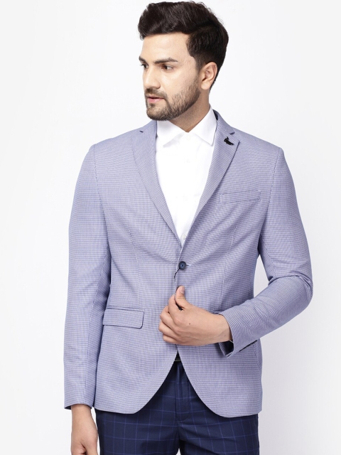 

Blackberrys Men Navy Blue & White Checked Slim-Fit Single-Breasted Blazer