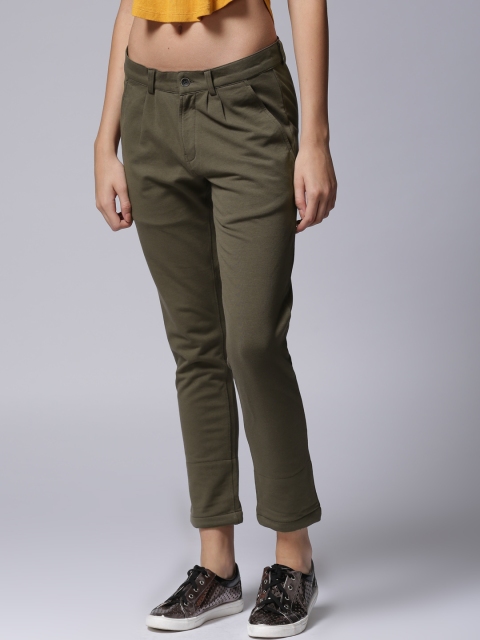 

YWC Women Olive Green Solid Fit Flat-Front Trousers