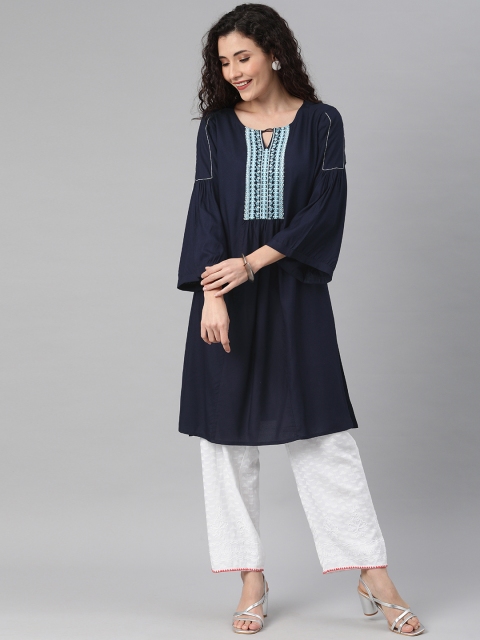 

Global Desi Women Navy Blue & Silver Embroidered Yoke Design Straight Kurta