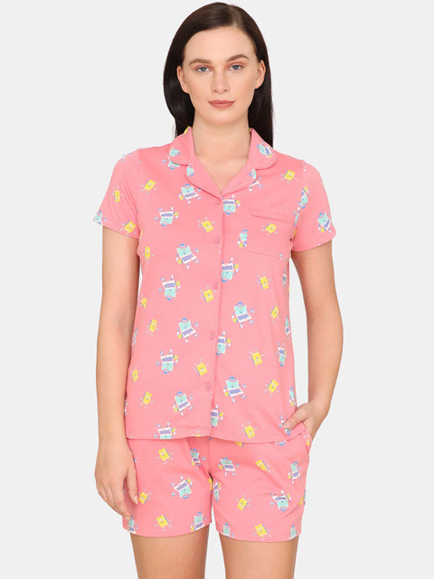 

Zivame Women Pink & Yellow Printed Night suit