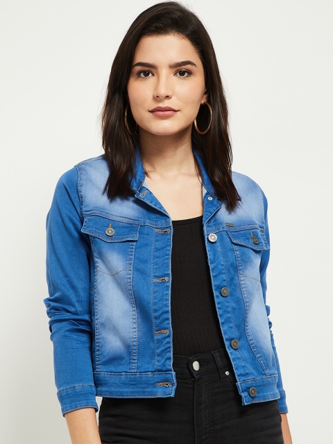 

max Women Blue Washed Crop Denim Jacket with Patchwork