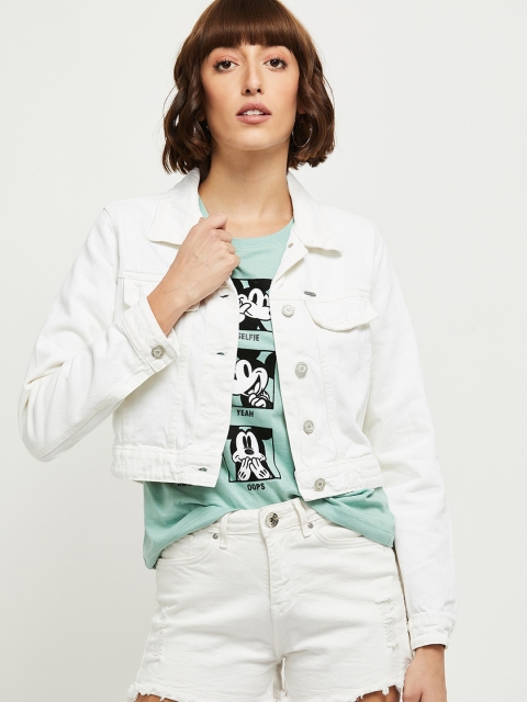 

max Women White Crop Denim Jacket
