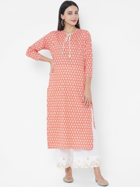 

FASHOR Women Peach-Coloured Printed Pure Cotton Kurta with Trousers