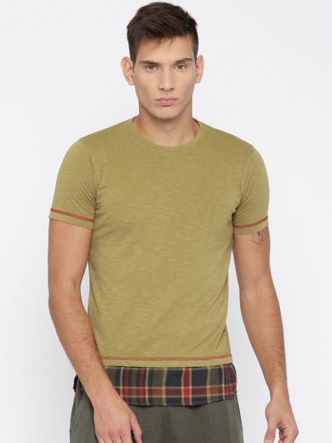 

YWC Men Khaki Solid Round Neck T-shirt