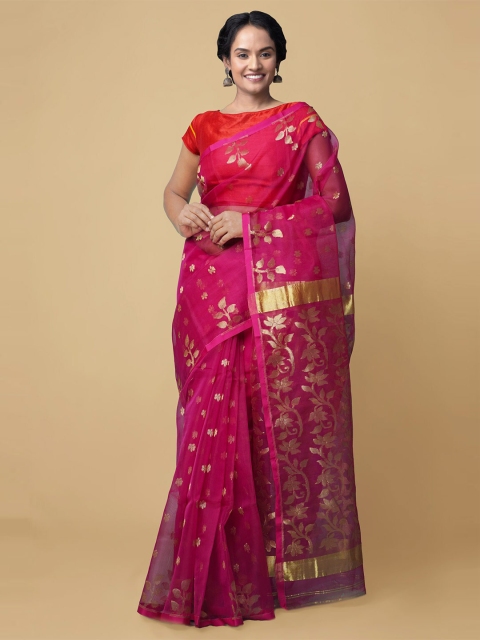 

Unnati Silks Pink & Gold-Toned Floral Zari Silk Cotton Maheshwari Saree