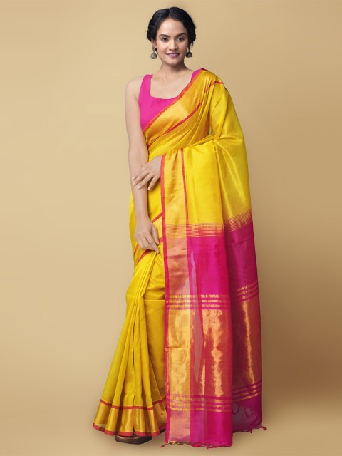 

Unnati Silks Yellow & Pink Zari Silk Cotton Kanjeevaram Saree