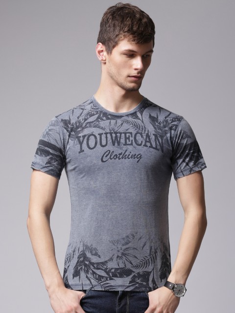 

YWC Men Grey Printed Round Neck T-shirt