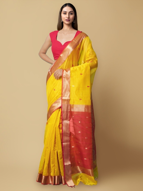 

Unnati Silks Yellow & Orange Woven Design Silk Cotton Maheshwari Saree