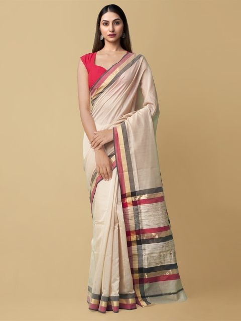 

Unnati Silks Women Cream-Coloured & Black Pure Handloom Maheshwari Sico Saree