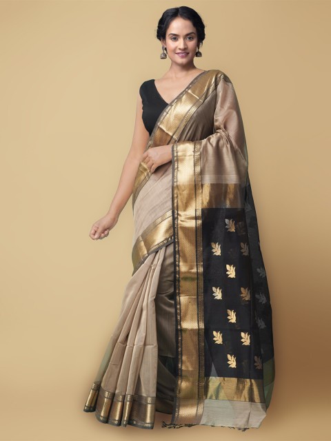

Unnati Silks Brown & Black Silk Cotton Maheshwari Saree