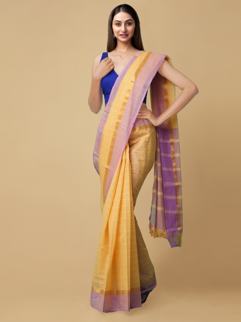 

Unnati Silks Peach-Coloured & Purple Checked Zari Pure Cotton Mangalagiri Saree