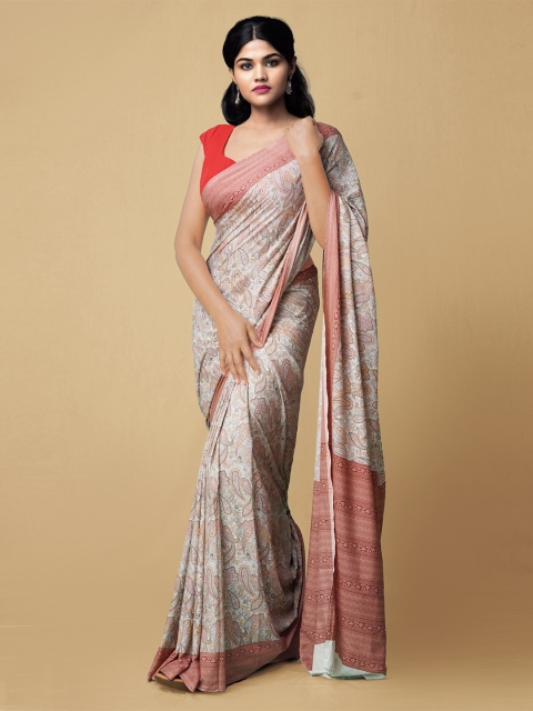 

Unnati Silks White & Brown Paisley Art Silk Kovai Saree