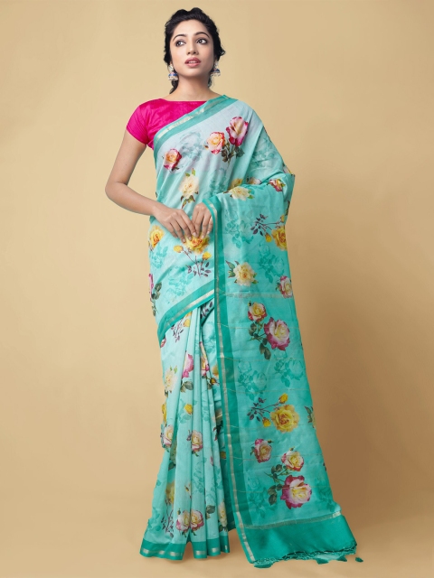 

Unnati Silks Green & Pink Floral Silk Cotton Chanderi Saree